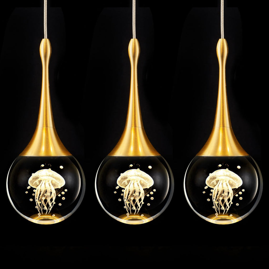 CHYING LED Kitchen Island Pendant Lights 3 Pack Gold Teardrop Pendant Light Bathroom Ceiling Hanging Light Globe Jellyfish Pendant Lighting for Living Room Dining Room Bar 3000K Warm White
