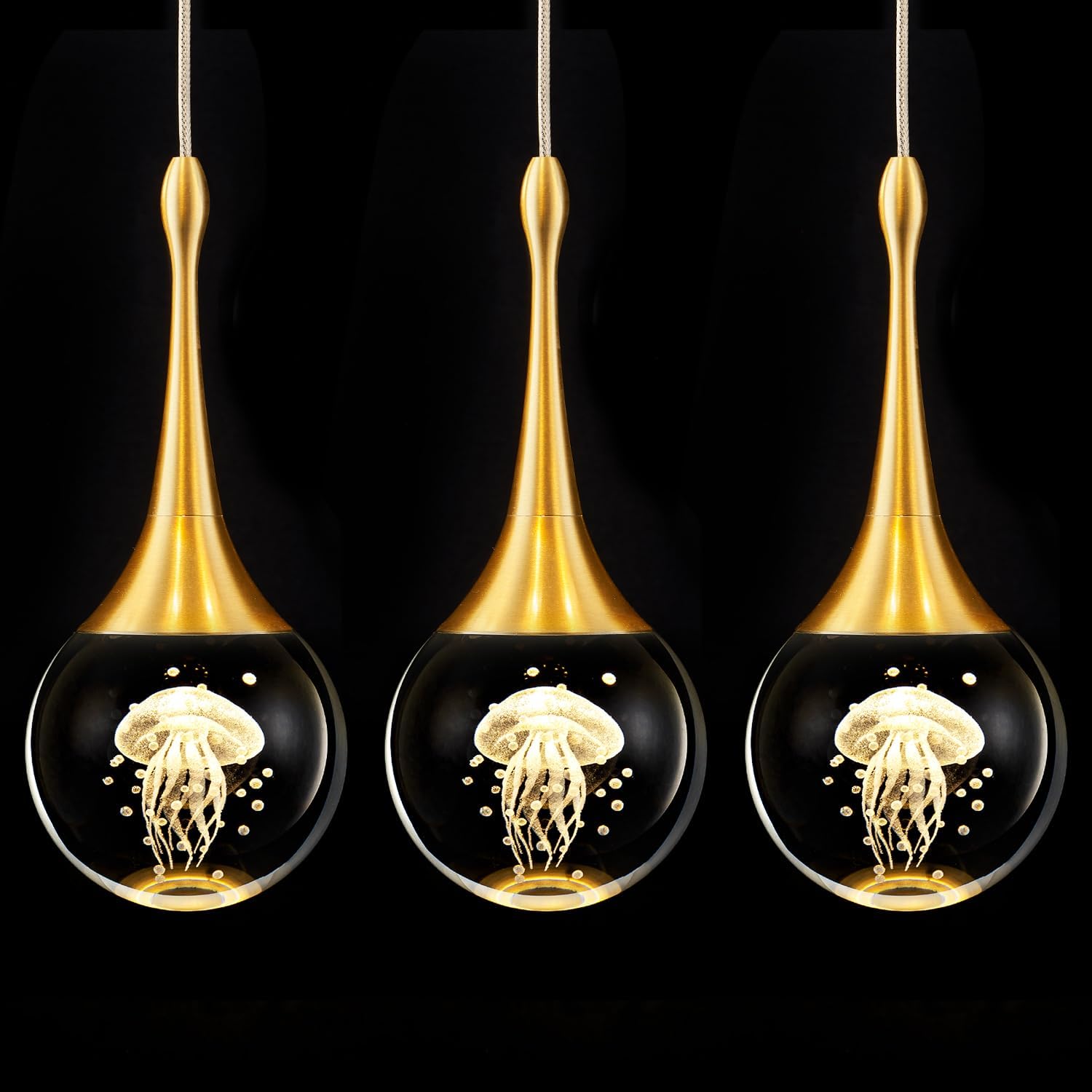 CHYING LED Kitchen Island Pendant Lights 3 Pack Gold Teardrop Pendant Light Bathroom Ceiling Hanging Light Globe Jellyfish Pendant Lighting for Living Room Dining Room Bar 3000K Warm White