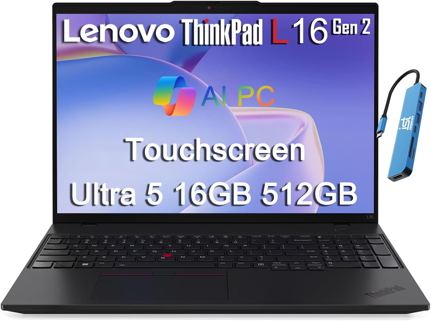 Lenovo ThinkPad L16 Gen 2 Business AI PC Laptop (16' FHD+ Touchscreen, Intel 12-Core Ultra 5 225U (> i7-1365U), 16GB RAM, 512GB SSD), Fingerprint, Backlit, Thunderbolt 4, Ethernet, IST HUB, Win 11 Pro