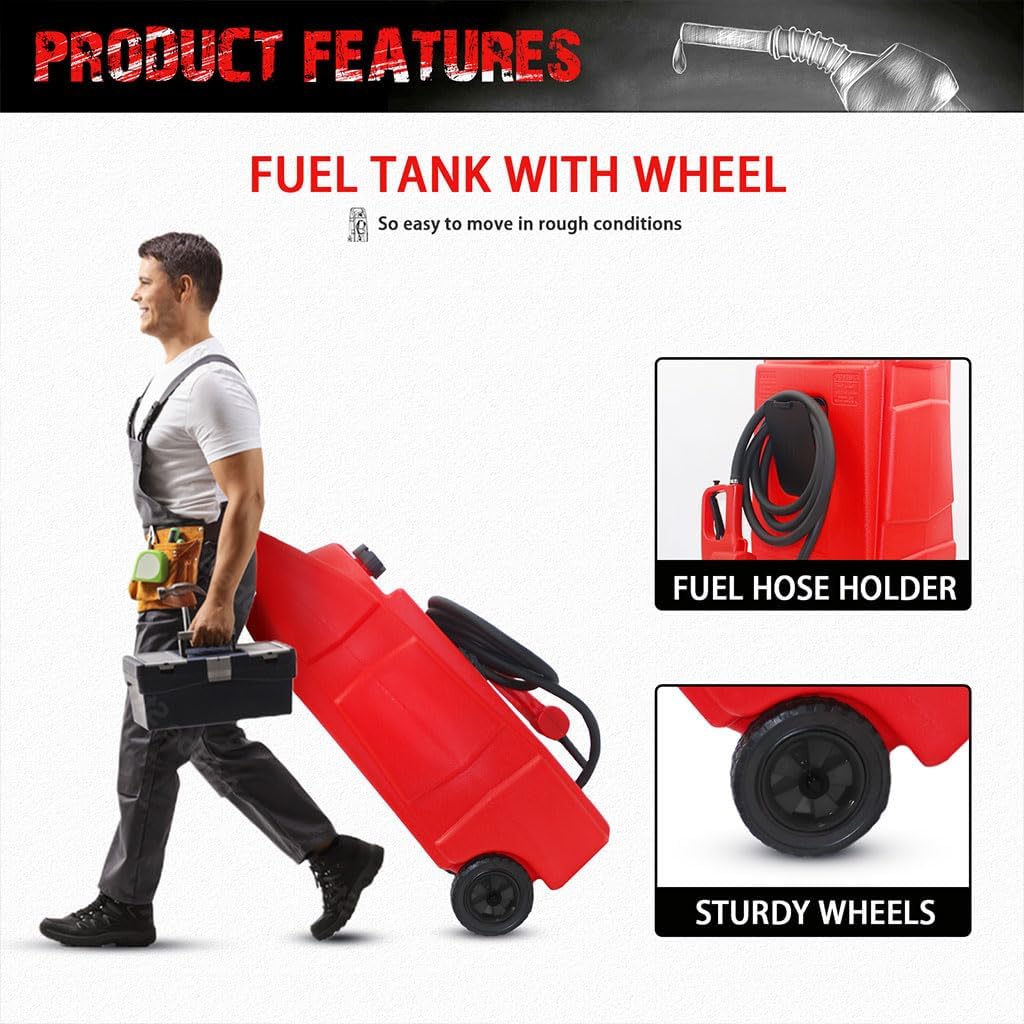 34 Gallon Fuel Caddy, Portable Gas Can Fuel Tank Container with Delivery Hose and Wheels, Gasoline Diesel Can Reversible Rotary Hand Siphon Pump, for Cars, Lawn Mowers, ATVs, Boats
