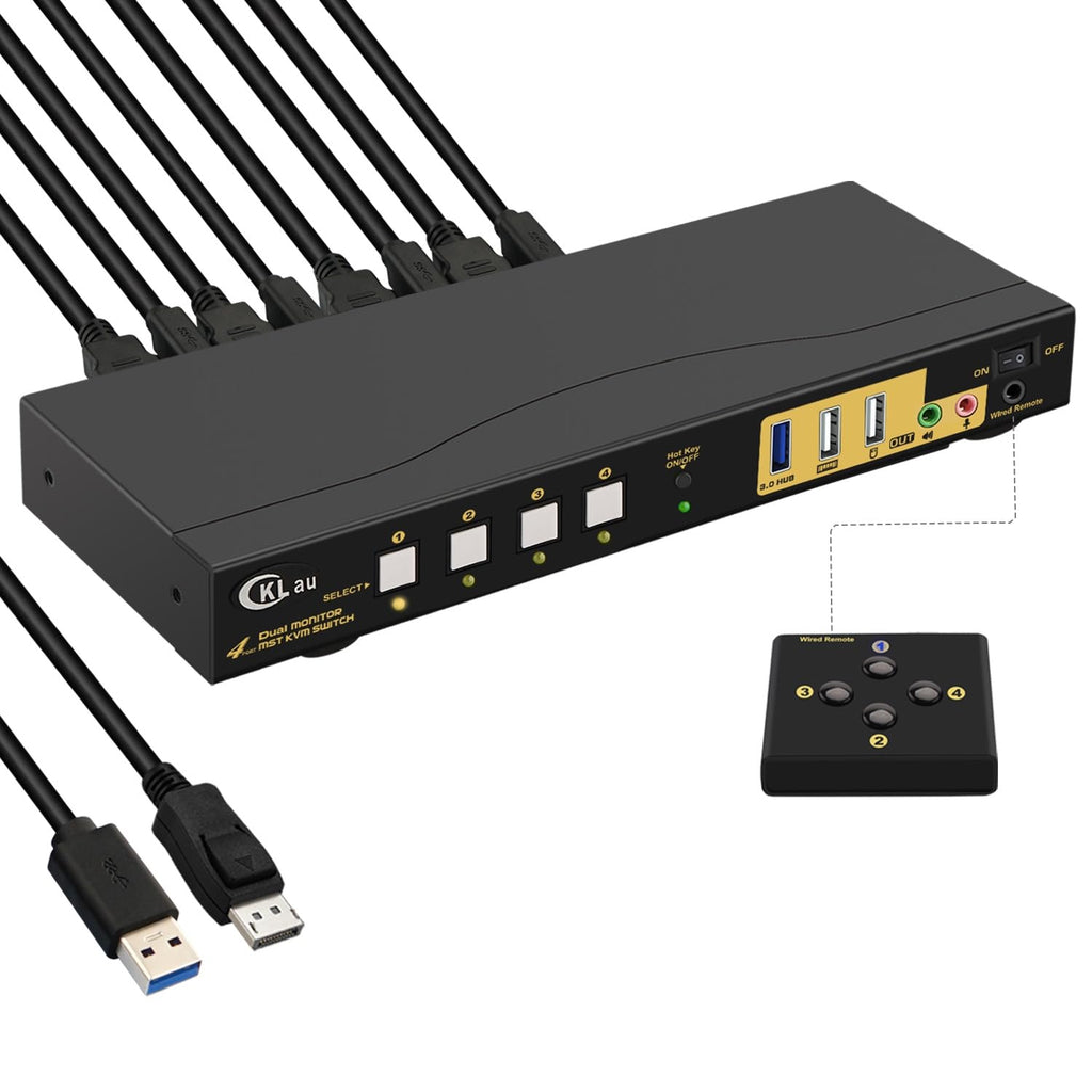 4K60Hz 2K@144Hz MST KVM Switch Displayport with All Input Cables, Audio, Microphone, and USB 3.0 Hub for 4 Computers 2 Monitors Share Keyboard Mouse, MST 1 DP in 2 DP Out