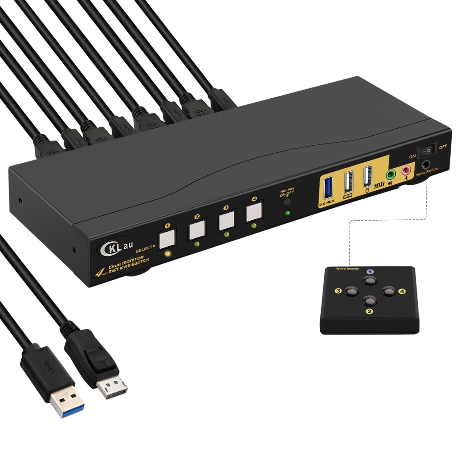 4K60Hz 2K@144Hz MST KVM Switch Displayport with All Input Cables, Audio, Microphone, and USB 3.0 Hub for 4 Computers 2 Monitors Share Keyboard Mouse, MST 1 DP in 2 DP Out