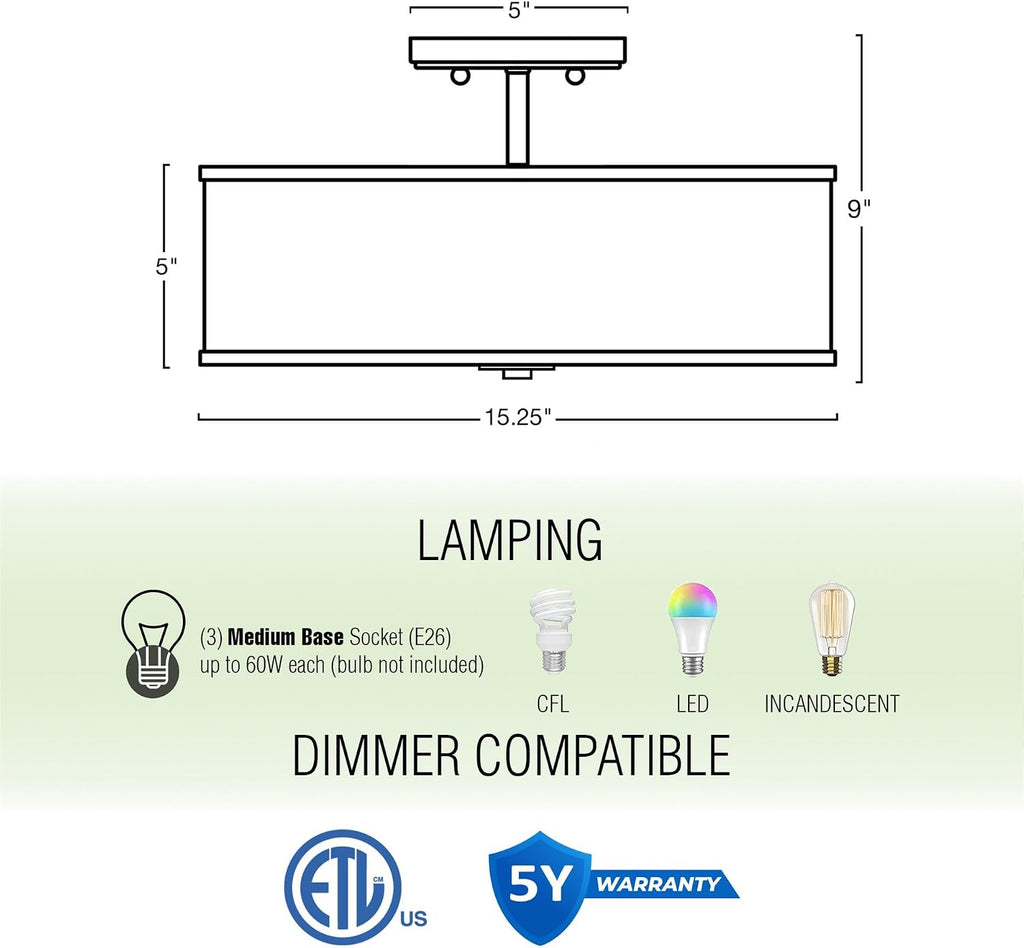 Kira Home Chloe 15' Modern Semi-Flush Mount Ceiling Light with White Fabric Drum Shade, 3-Light Hanging Fixture with Tempered Glass Diffuser, Chrome Finish