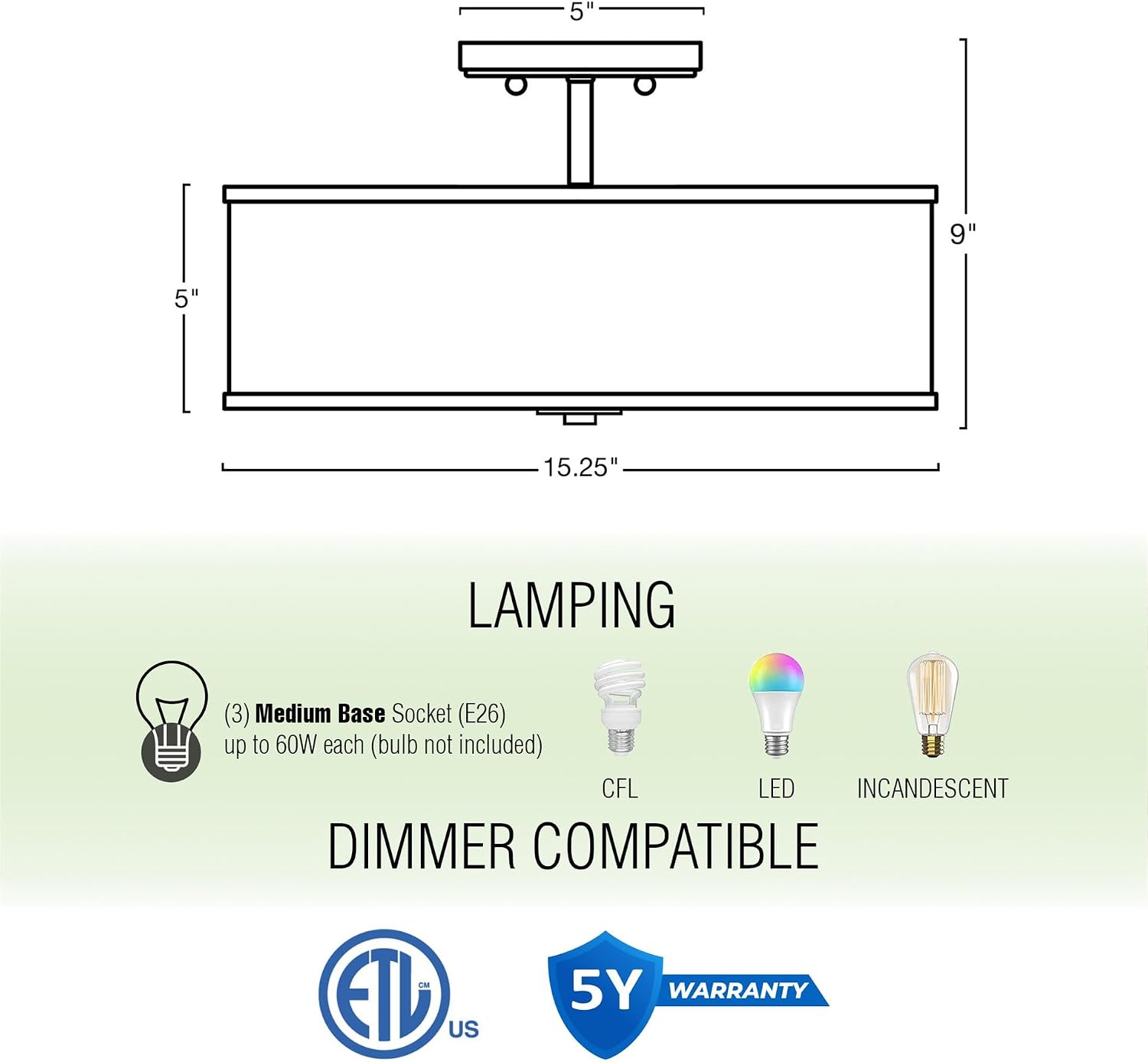 Kira Home Chloe 15' Modern Semi-Flush Mount Ceiling Light with White Fabric Drum Shade, 3-Light Hanging Fixture with Tempered Glass Diffuser, Chrome Finish