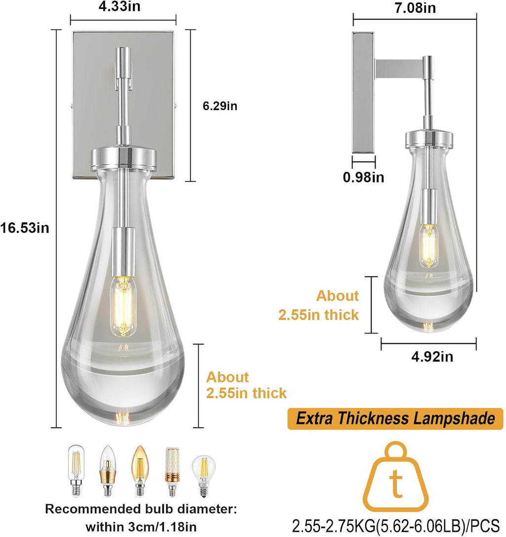 Raindrop Wall Sconces Chrome Sconces Wall Decor Modern Wall Lighting Glass Bathroom Sconces Indoor Vanity Light Wall Lamp for Bedroom Living Room Stair (1 Pack)