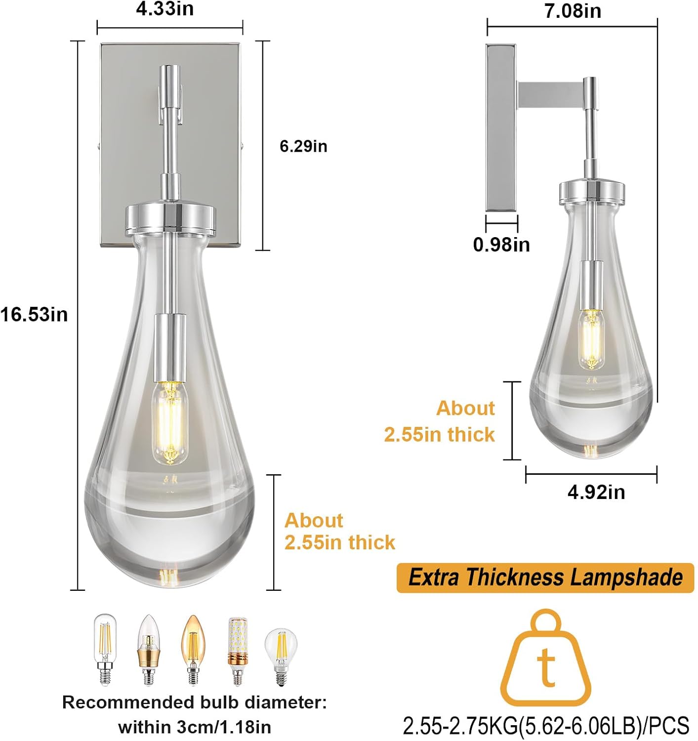 Raindrop Wall Sconces Chrome Sconces Wall Decor Modern Wall Lighting Glass Bathroom Sconces Indoor Vanity Light Wall Lamp for Bedroom Living Room Stair (1 Pack)