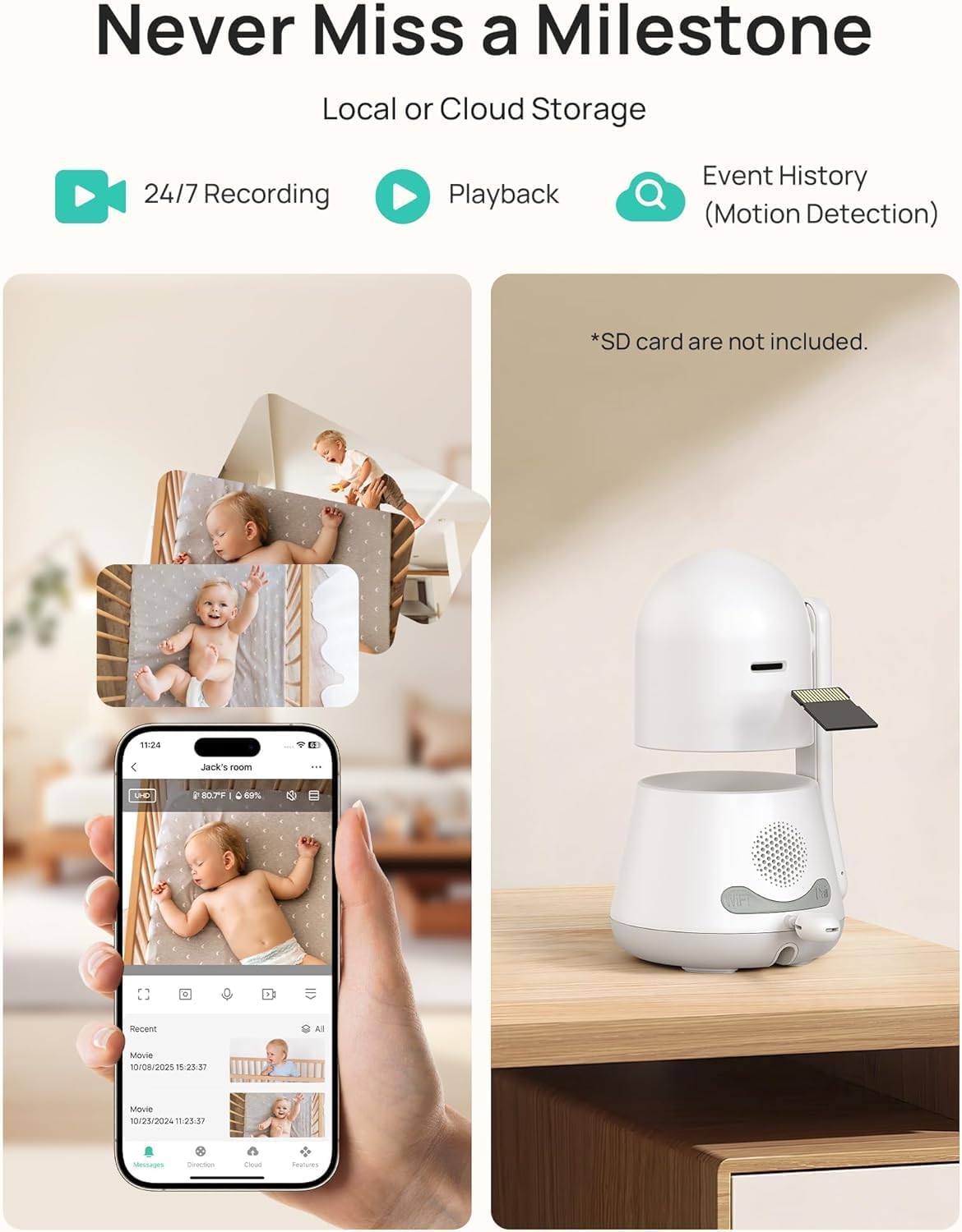 Dr.Care LumiView Smart WiFi Baby Monitor with Clip Mount - 5' 1080P FHD & 2K Camera App Control, Privacy Mode, 5000mAh Removable Battery, Cry & Motion Alerts, HD Night Vision, RGB Night Light