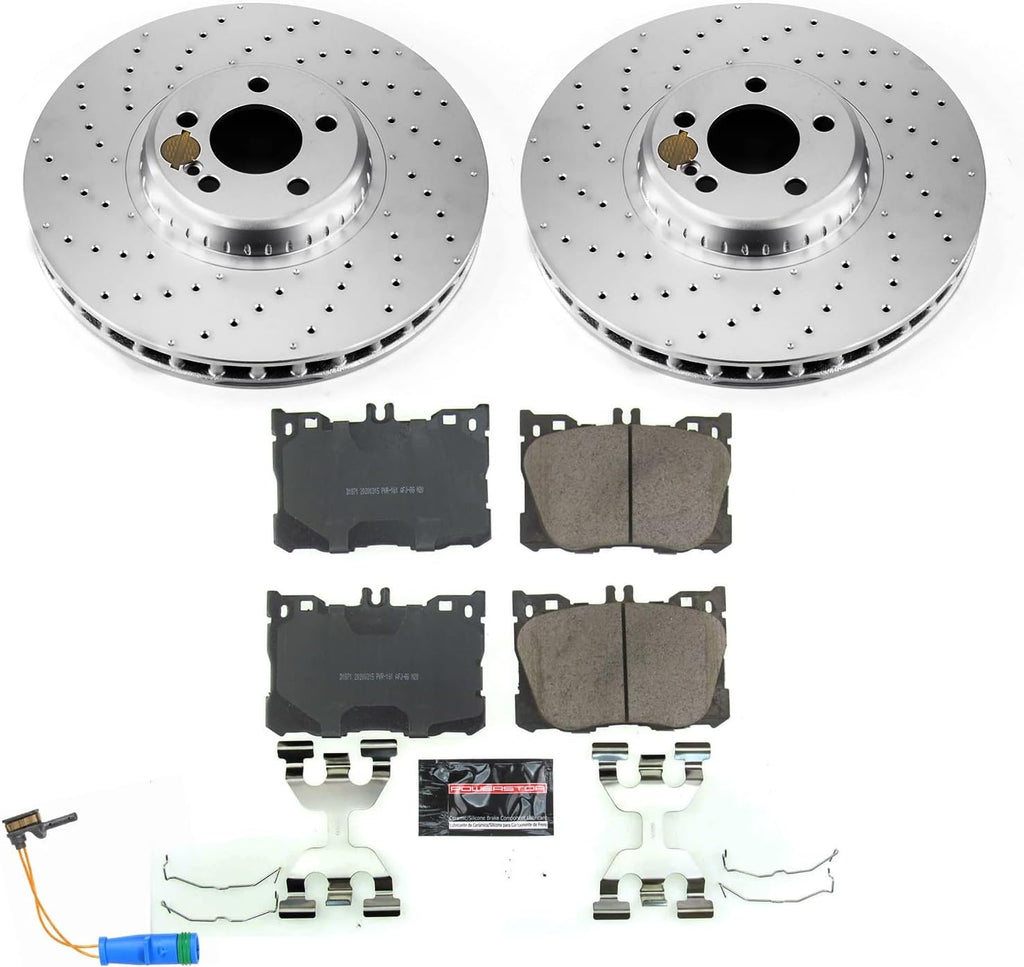 PowerStop Front Brake Kit for Mercedes-Benz C43 AMG 2017-23 |C450 AMG 2016 |CLS450 2019-22 |E300 2017-19 - Fully-Coated Disc Rotors with Z23 Carbon-Fiber Ceramic Brake Pads Upgrade, CRK7986