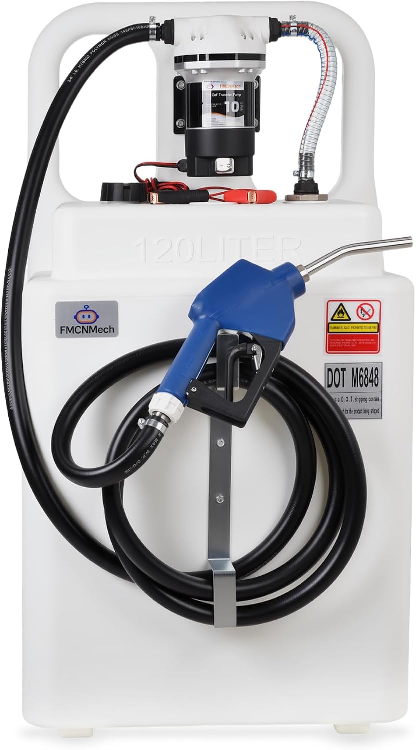 FMCNMech 32 Gallon Portable DEF Transfer Tank with 12V 10GPM Electric Pump, Dual-Wheel Design, Auto Shut-off Stainless Steel Nozzle, LLDPE Diesel Exhaust Fluid Caddy for Trucks, Farm Tractors & Fleets