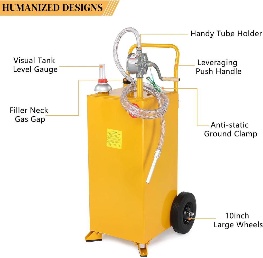 30 Gallon Fuel Gas Caddy, Gas Storage Tank w/Wheels & Manual Siphon Pump,Gasoline Diesel Fuel Container for ATV Car Mowers Tractors Boats Yellow