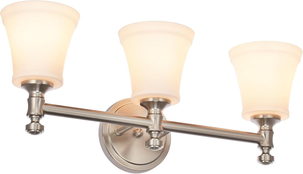 Bathroom Vanity Light Fixtures, Traditional Aged Brass 3 Lights Wall Sconce Lighting with Opal Glass Shade, Porch Wall Mount Light Fixture for Bathroom, Mirror Cabinets Hallway Stairs