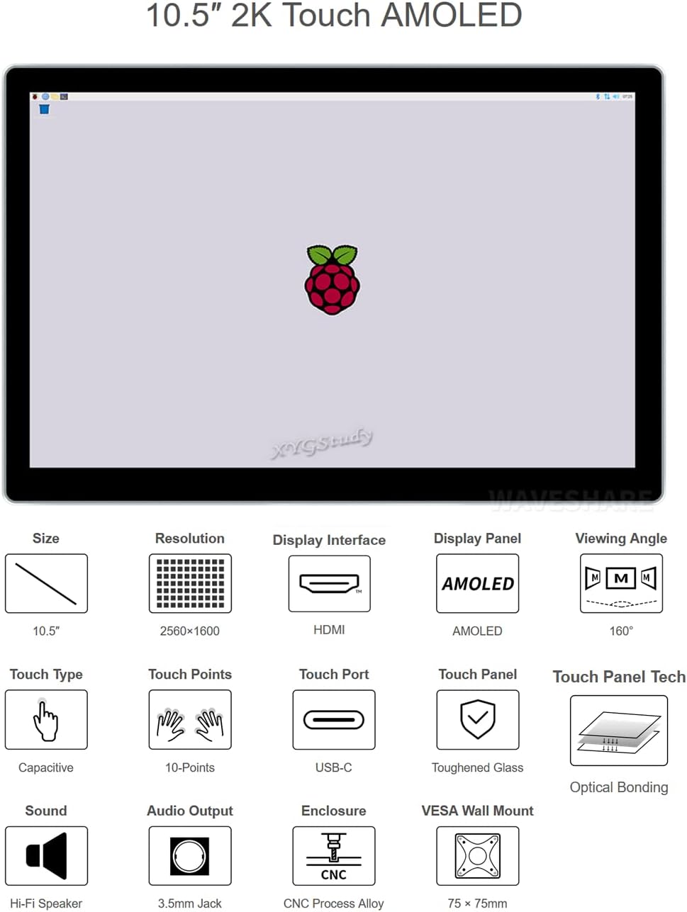 10.5inch HDMI Capacitive Touch AMOLED 2560×1600 2K Resolution with Fully Laminated Toughened Glass Panel for Raspberry Pi Jetson Nano PC Windows 11/10 / 8.1/8 / 7 CM4