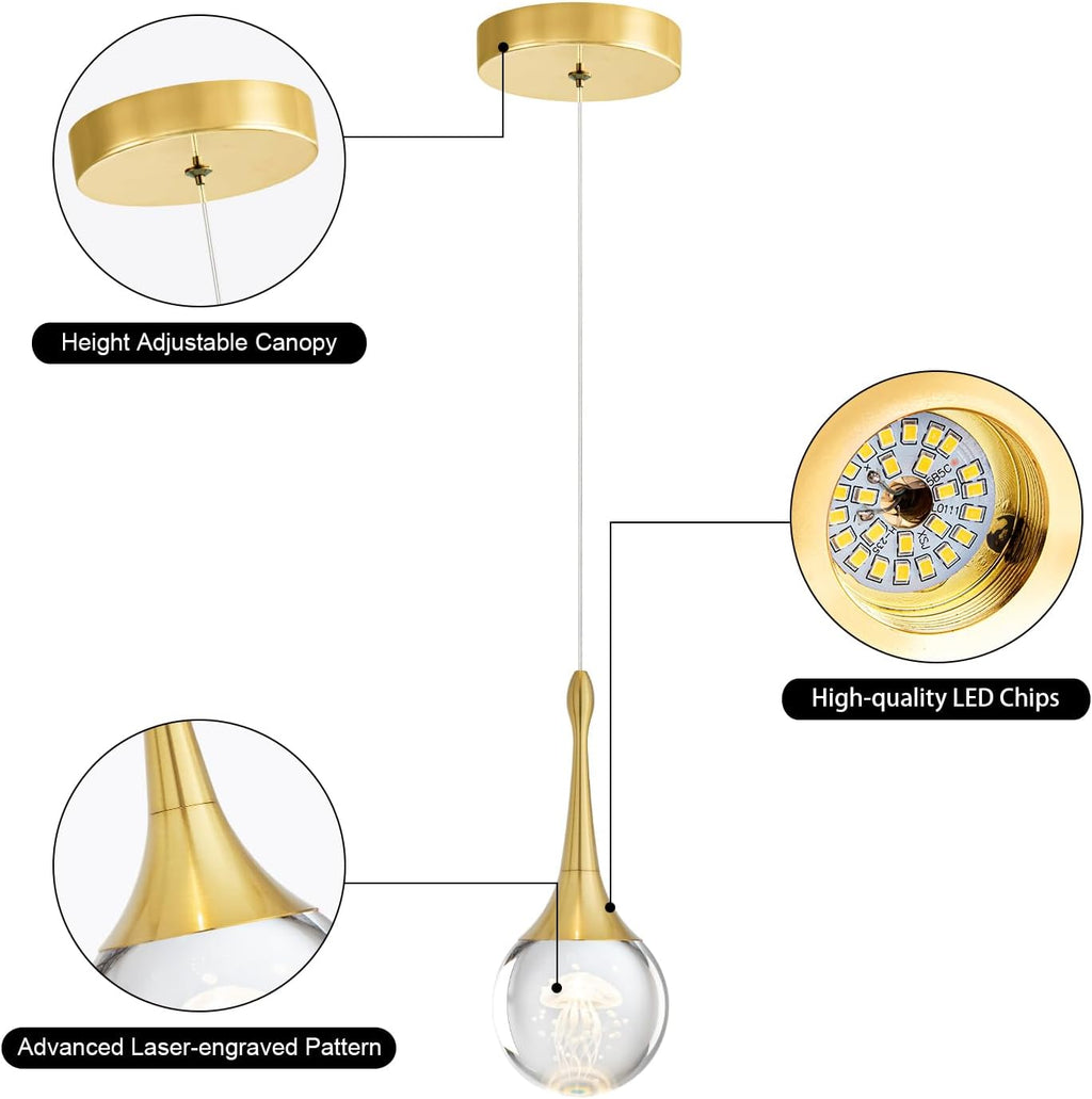 CHYING LED Kitchen Island Pendant Lights 3 Pack Gold Teardrop Pendant Light Bathroom Ceiling Hanging Light Globe Jellyfish Pendant Lighting for Living Room Dining Room Bar 3000K Warm White