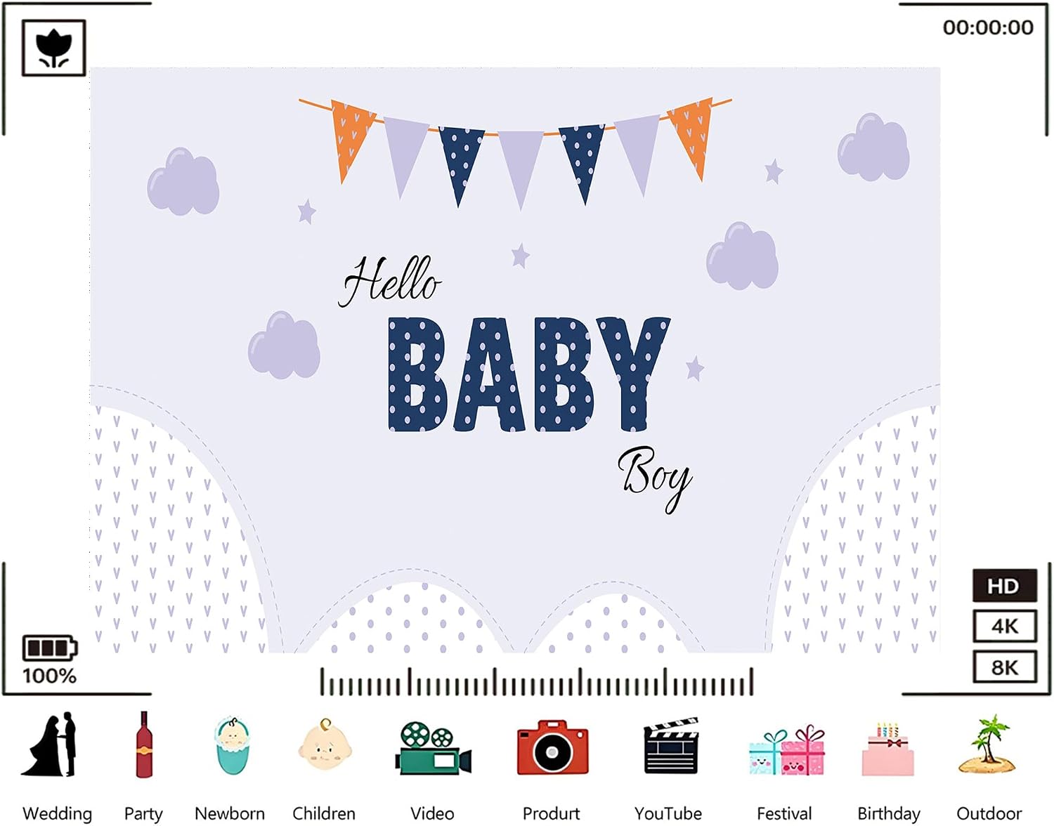 Trykid 20x10ft Hello Baby Boy Photography Backdrop Baby Shower Party Decorations Background Clouds Bunting Hills for Newborn Kids Gender Neutral Events Photoshoot Studio Props Fabric