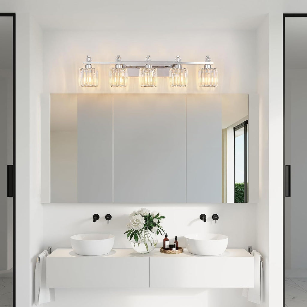 Vanity Lights 5-Light Modern Crystal Vanity Light Chrome Bathroom Light Fixtures Over Mirror Crystal Bathroom Vanity Lighting Fixtures