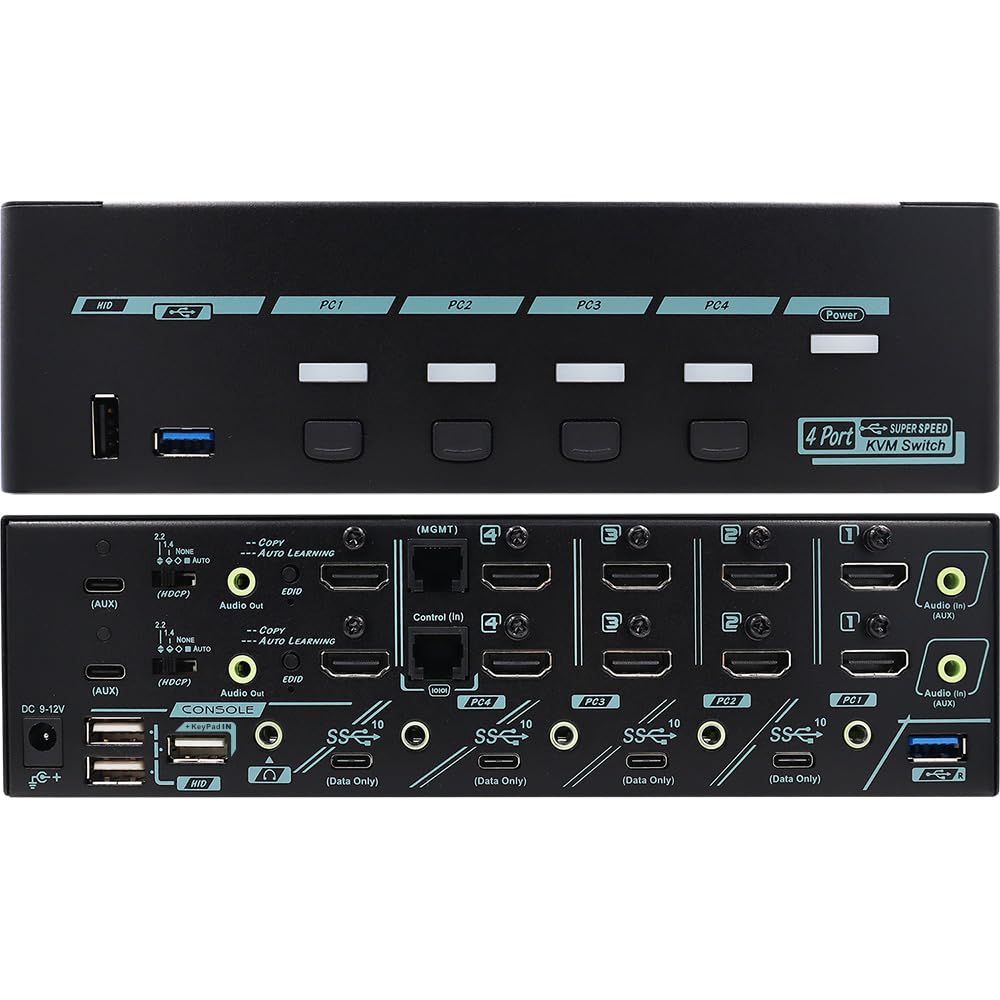 HDMI 2.1 KVM Switch for 4 Computers 2 Monitors, 8K@60Hz, HDCP 2.2, EDID Emulator, USB 3.2 10Gbps, Audio Embed & Extract, Serial Control, Hotkey Switching, Keypad in, Plug & Play, MKAG-8KT3124