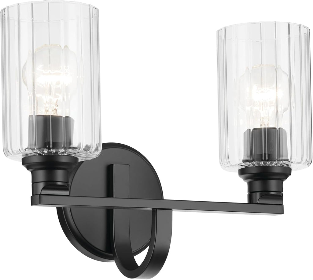 Kichler Gioe 14.25' 2-Light Bathroom Vanity Light Fixture with Clear Fluted Glass in Black, Damp Rated for Powder Room Over Mirror (14.25' W x 10.5' H), 55225BKFLU