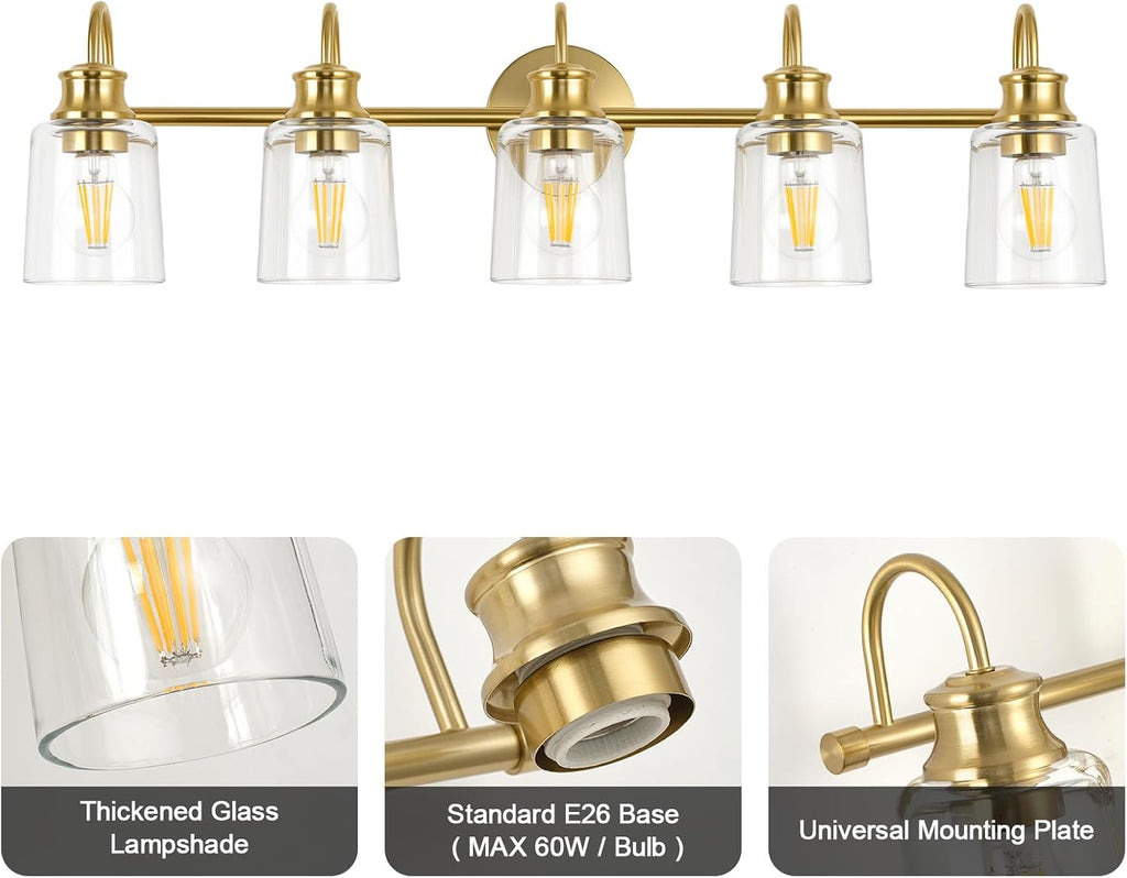 5 Lights Bathroom Light Fixtures Modern Gold Vanity Lights for Bathroom Lighting Fixtures Over Mirror with Clear Glass Shade for Cabinet Mirror Bedroom Hallway