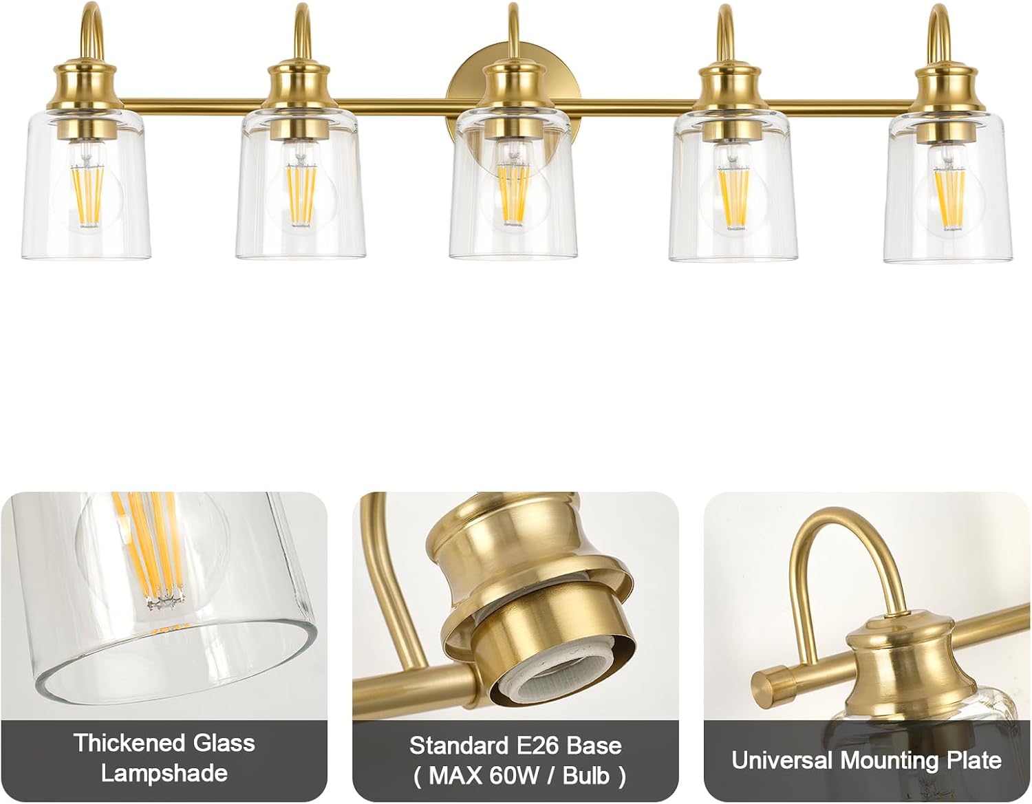 5 Lights Bathroom Light Fixtures Modern Gold Vanity Lights for Bathroom Lighting Fixtures Over Mirror with Clear Glass Shade for Cabinet Mirror Bedroom Hallway