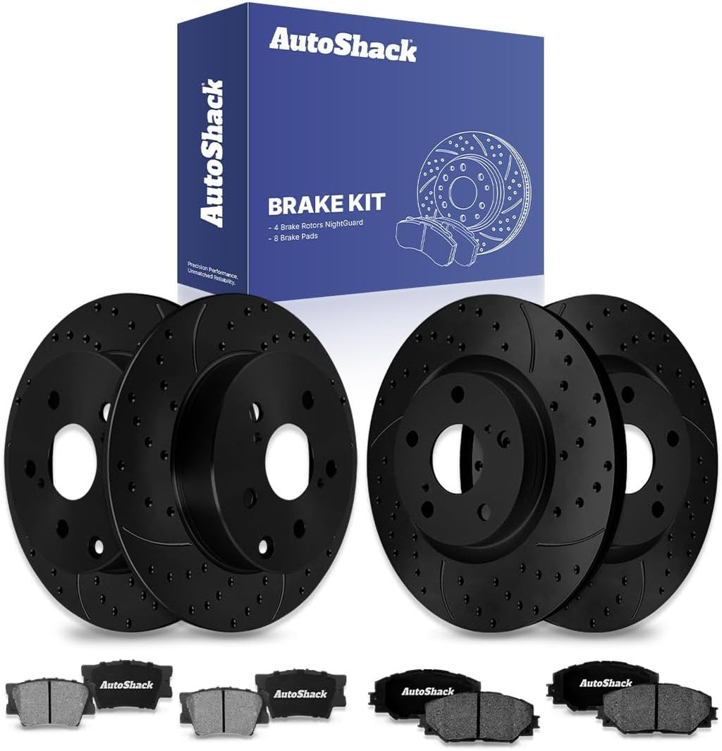 AutoShack Front & Rear Brake Rotors & Ceramic Pads for Toyota & Lexus, RAV4 2006-2008 HS250h 2010-2012, FWD 4WD L4 2.4L - E-Coated Drilled & Slotted - Black Finish - NightGuard