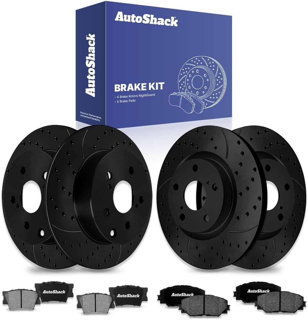 AutoShack Front & Rear Brake Rotors & Ceramic Pads for Toyota & Lexus, RAV4 2006-2008 HS250h 2010-2012, FWD 4WD L4 2.4L - E-Coated Drilled & Slotted - Black Finish - NightGuard