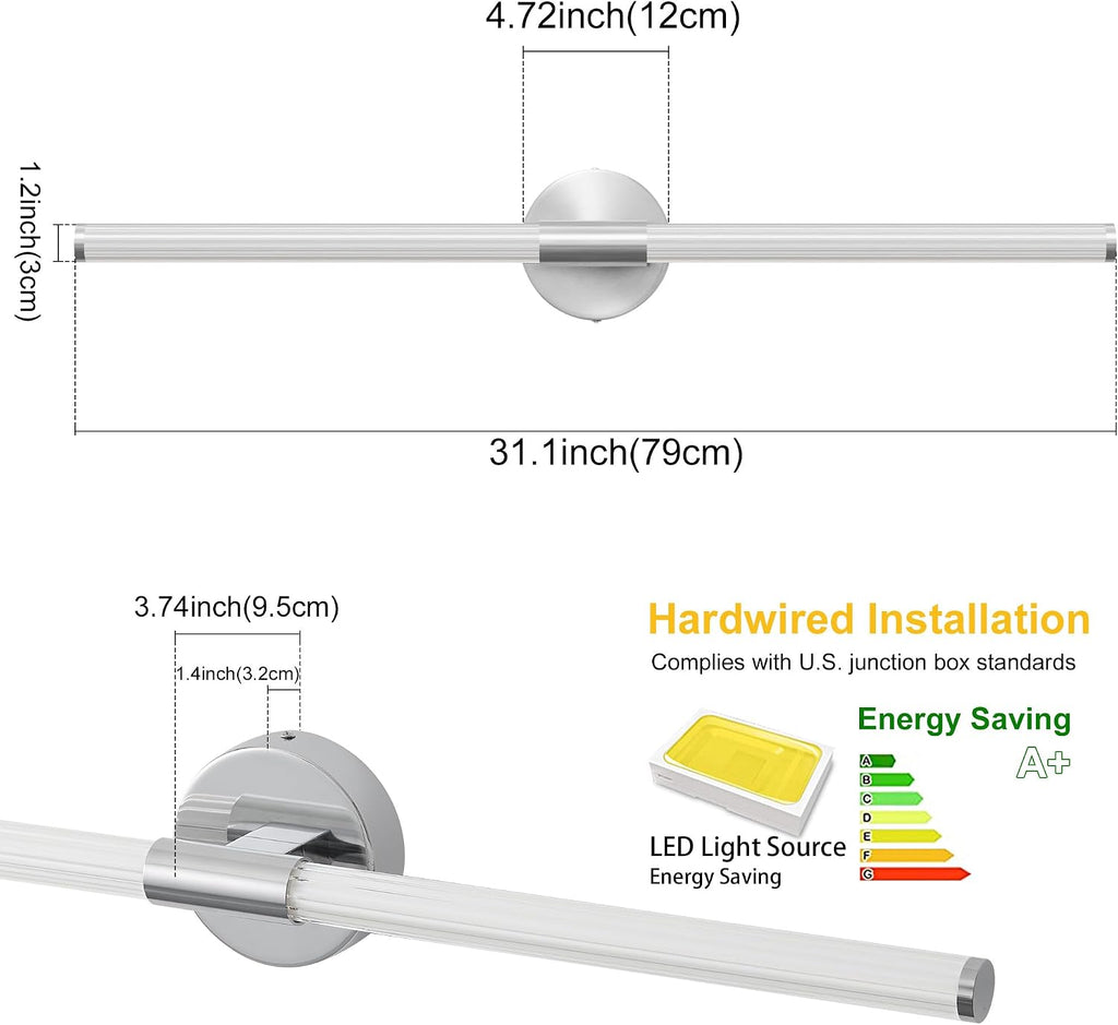Bathroom Wall Sconces Set of 2 Hardwired Dimmable 5CCT LED Bathroom Light Fixtures Over Mirror 360° Full Lighting 31' Long Vanity Light Bar Modern Chrome Wall Sconce for Bedroom Living Room