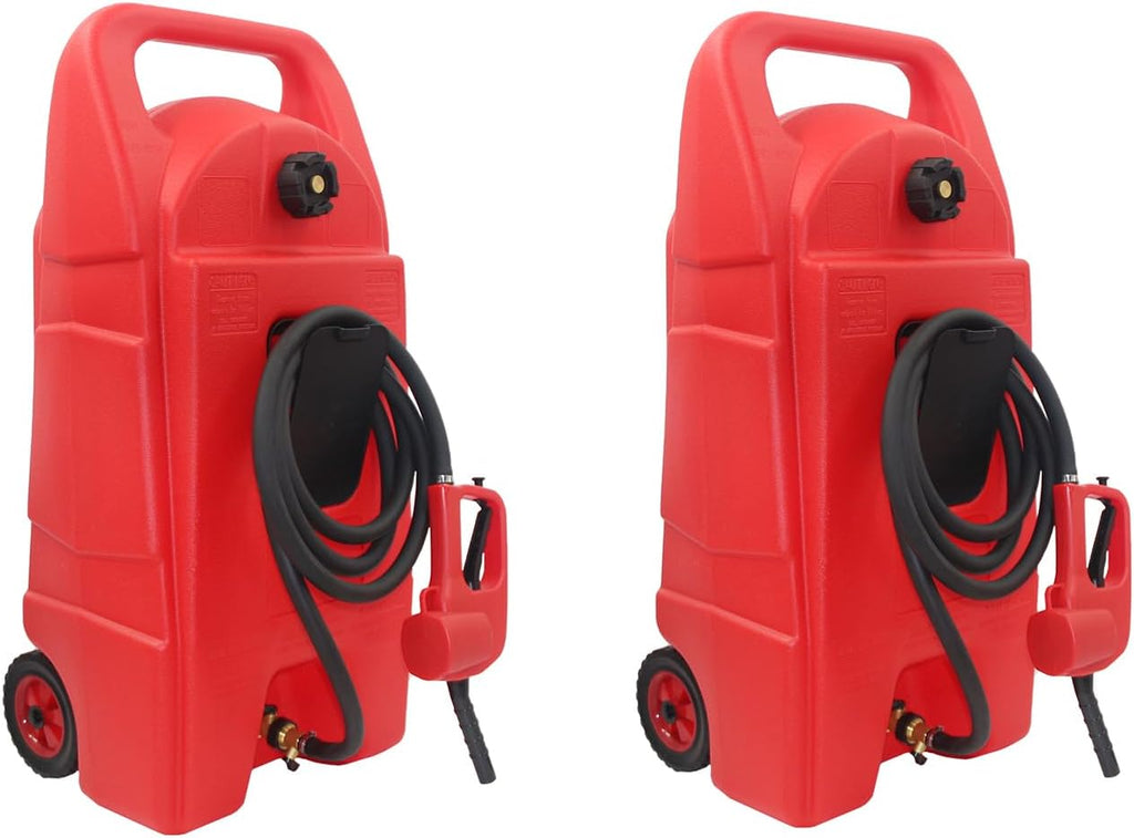 15 Gallon Gas Caddy with Manual Transfer Pump, Fuel Caddy with 10ft Delivery Hose, Portable Gas Tank, Diesel Fuel Storage Tank with Wheels for ATVs, Cars, Lawn Mowers, Boats, Red, 2PCS