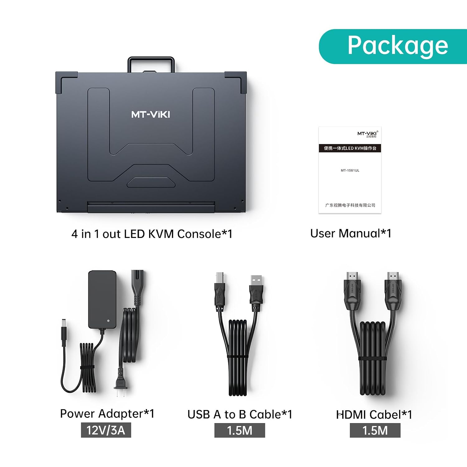 MT-VIKI Portable KVM Console (Crash Cart) 15.6' 4K LCD, HDMI/DP/VGA, Built-in Battery, for Server & Data Center Maintenance