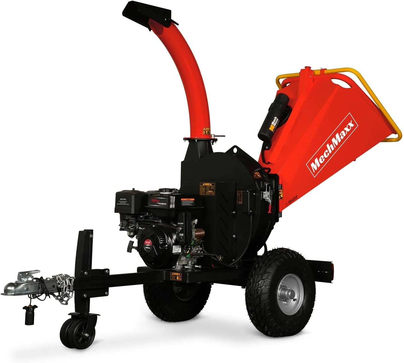 MechMaxx 5'' Inch E-Start 420cc 15hp Gas Powered Wood Chipper Shredder Mulcher with Tail Light, Towbar, Emergency Stop Button, Stop Bar, Model P4205 Red