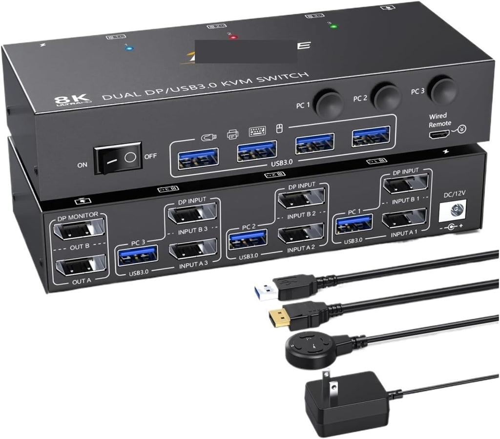 Dual Monitor KVM Switch USB 3.0 Displayport KVM Switch 2 Monitors 3 Computers 3 Computers Share 2 Monitor(302DP UK)