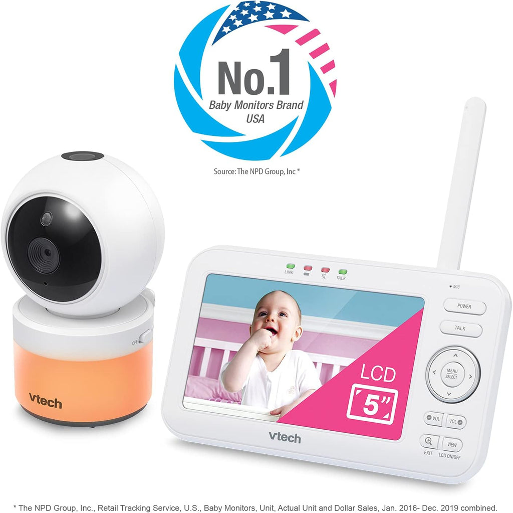 VTech VM5463-2 Upgraded Video Baby Monitor with 2 Cameras – 5' HD Screen, 12-Hour Battery, Pan Tilt Zoom, Ceiling Star Projector Night Light, 2-Way Audio, Non-WiFi Secure, No App Needed