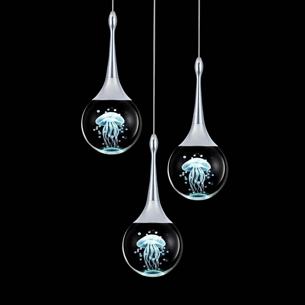 CHYING 3-Lights Pendant Lights Kitchen Island, Modern LED Dimmable Globe Crystal Jellyfish Teardrop Ceiling Pendant Lighting for Dining Room Hallway Entryway Bedroom, Chrome Cool White