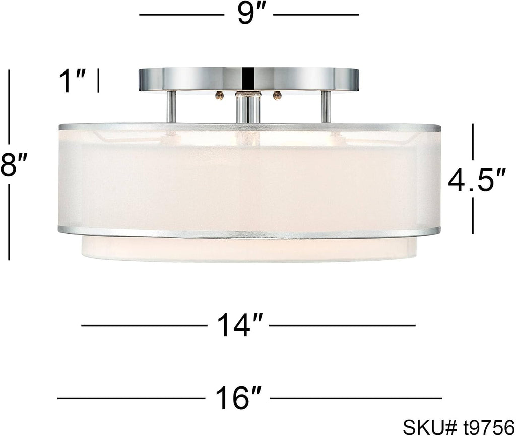Possini Euro Design Double Organza Modern Ceiling Lighting Semi Flush-Mount Fixture 16' Wide Chrome 2-Light Sheer Fabric Outer Off White Inner Drum Shade for Bedroom Kitchen Living Room Hallway