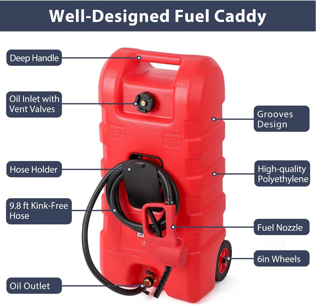 15 Gallon Fuel Caddy – Portable Diesel & Gasoline Tank with Manual Siphon Pump, 10ft Delivery Hose & Wheels for Cars, Boats, ATVs & Lawn Mowers - Red
