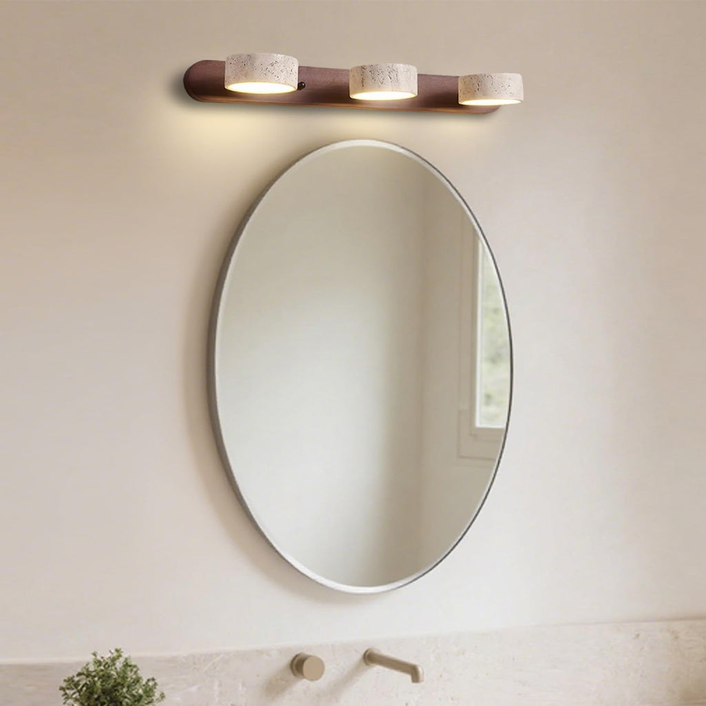 LED Natural Stone Vanity Light with 3 Travertine Stone Shades, Bathroom Vanity Light Fixture, 360° Rotatable Stone Lampshades, Modern Rustic Wall Lamp for Bedroom, Living Room, Hallway (Walnut Wood)