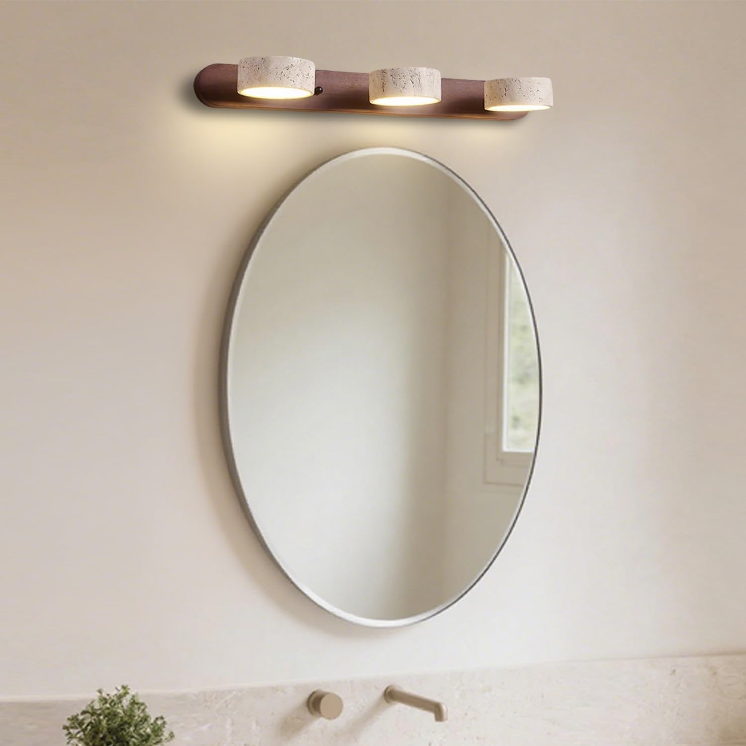 LED Natural Stone Vanity Light with 3 Travertine Stone Shades, Bathroom Vanity Light Fixture, 360° Rotatable Stone Lampshades, Modern Rustic Wall Lamp for Bedroom, Living Room, Hallway (Walnut Wood)