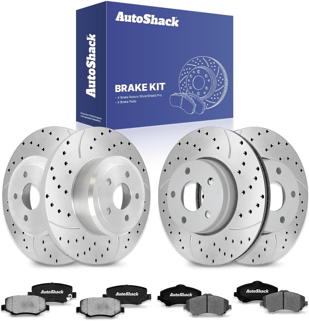 AutoShack Front & Rear Brake Rotors & Ceramic Pads for Jeep, Wrangler 2007-2017 Wrangler JK 2018, 4WD RWD V6 3.6L 3.8L - Silver Zinc Coated Drilled & Slotted - SilverShield Pro
