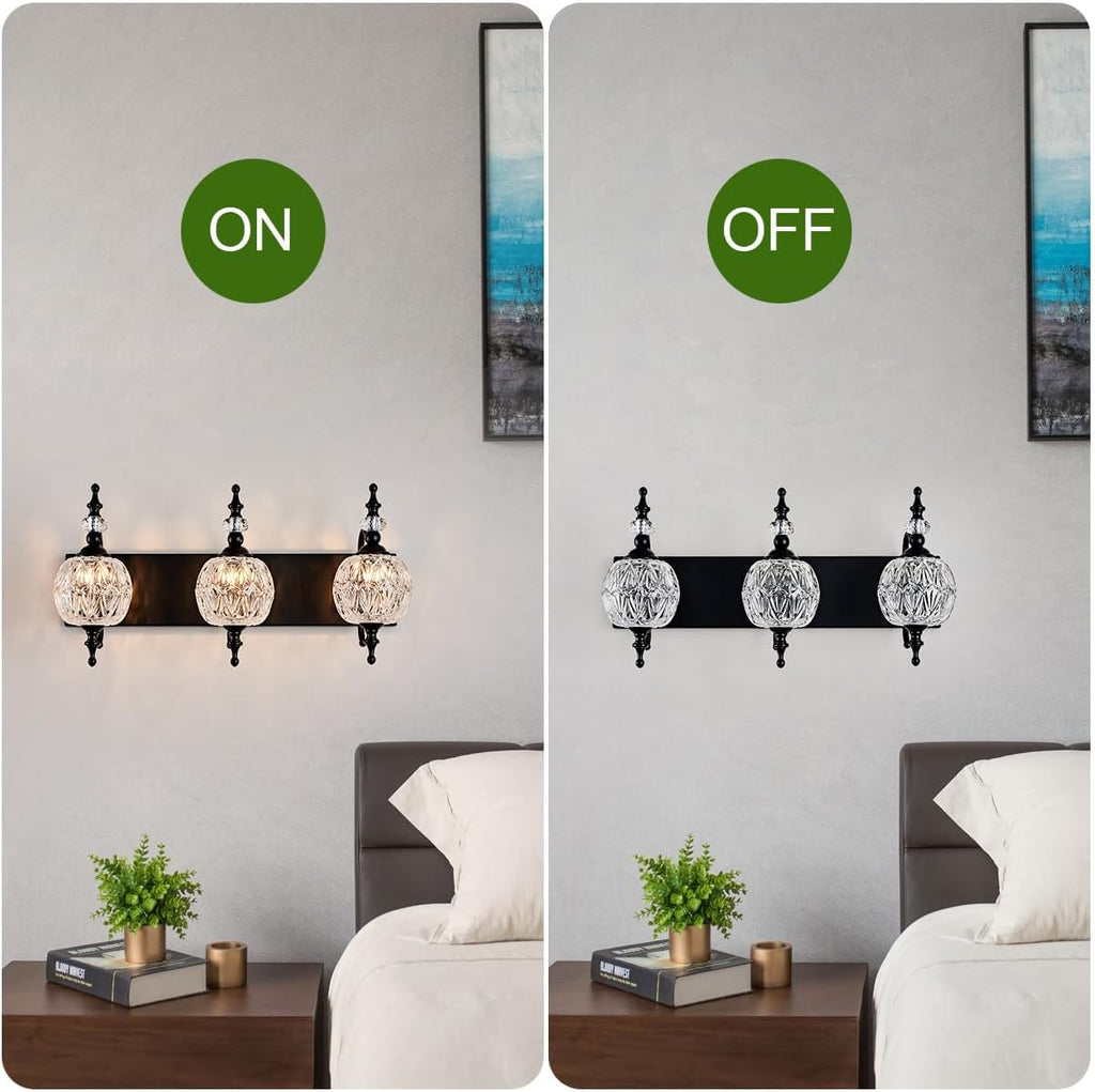 Vintage Black 3 Lights Bathroom Vanity Light Fixtures, Modern Bedhroom Lighting Painted Black Surface with Thick Crystal Glass Shade, Vintage Vanity Light for Bathroom Farmhouse Bedroom