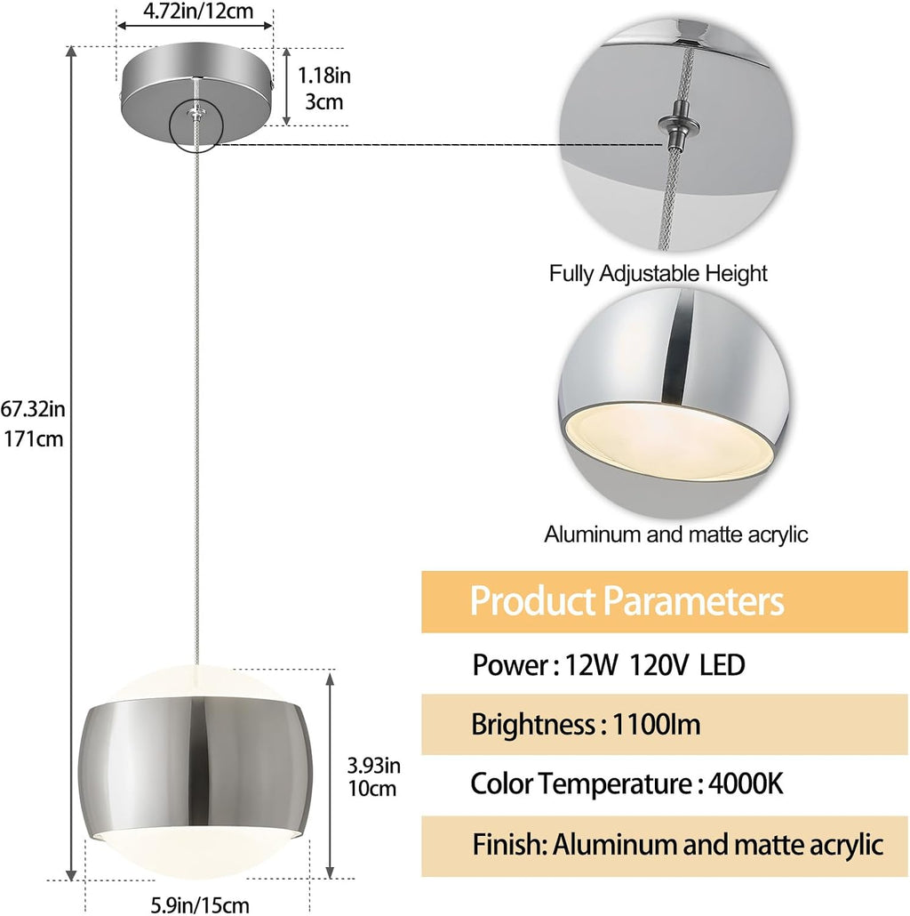 Modern Chrome LED Dimmable Pendant Light fixtures,6″ Island Pendant Lighting for Kitchen Island Dinning Room,Bedroom,Bar, Kitchen Island Ceiling Hanging Light Fixtures(Chrome-1-Pack)
