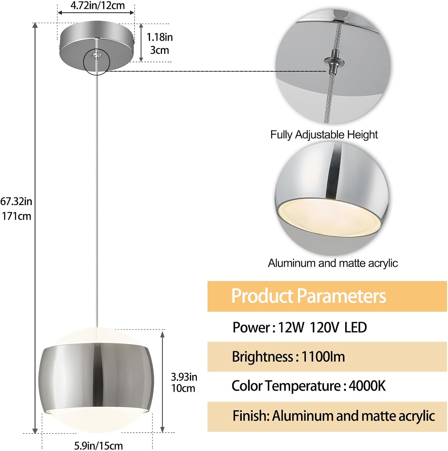 Modern Chrome LED Dimmable Pendant Light fixtures,6″ Island Pendant Lighting for Kitchen Island Dinning Room,Bedroom,Bar, Kitchen Island Ceiling Hanging Light Fixtures(Chrome-1-Pack)