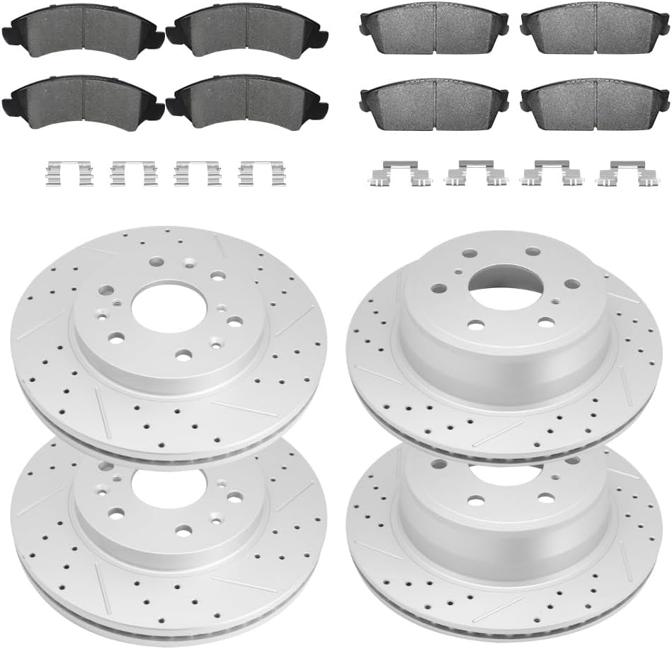 Front and Rear Brake Kit, Drilled and Slotted Brake Rotor With Ceramic Pads for 2007-2013 Chevrolet Avalanche Silverado Suburban 1500 Tahoe, GMC Sierra 1500 Yukon, Cadillac Escalade