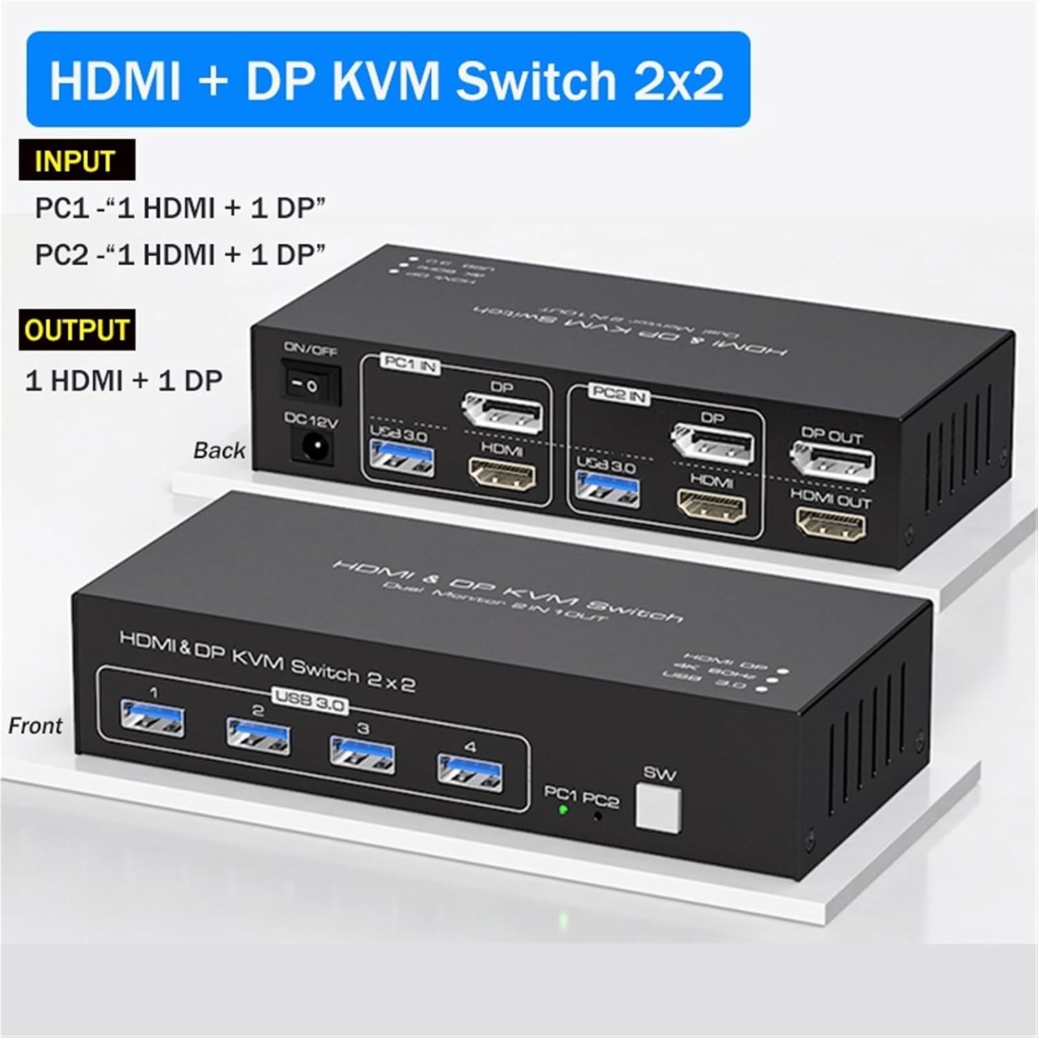 Dual Monitor HDMI KVM Switch 2x2 4K 60Hz HDMI Displayport USB 3.0 KVM Switcher Extended Display for 2 PC Share Mouse Keyboard(HDMI DP kvm Switch,with EU Plug)