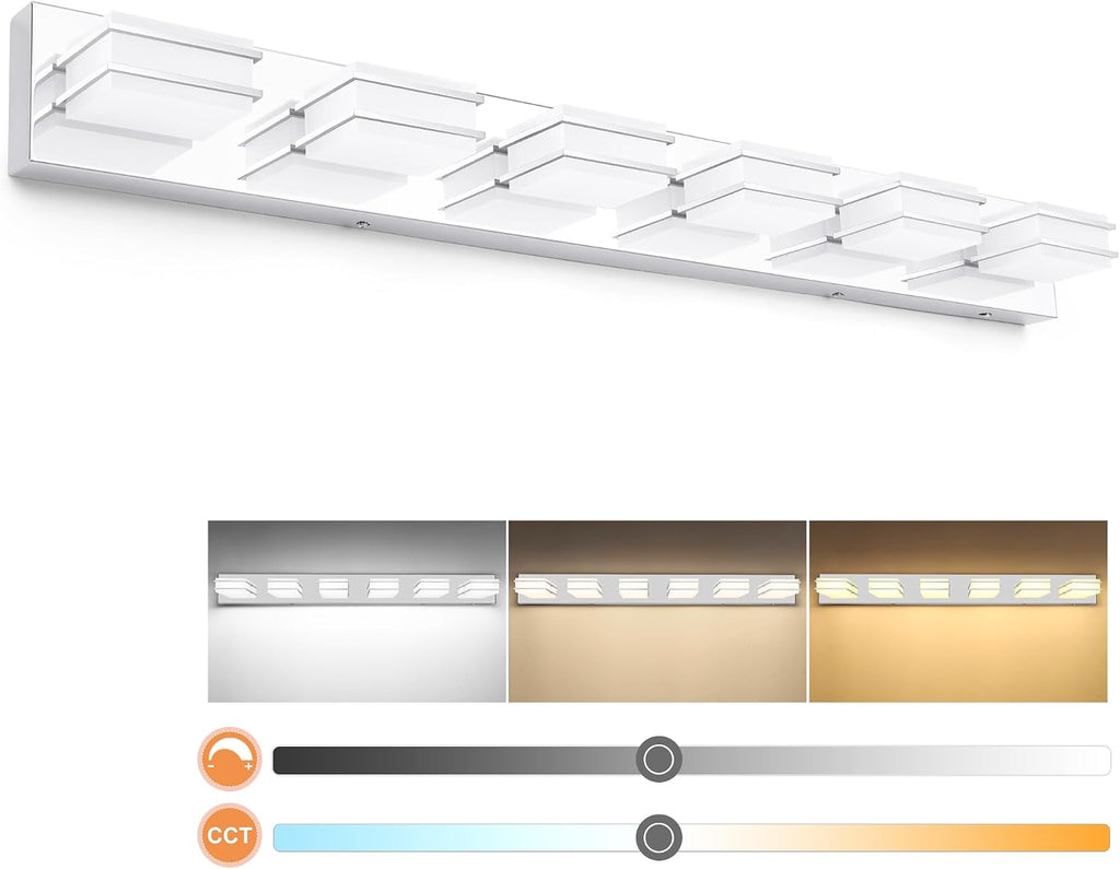 3 Color Temperature Dimmable Vanity Lights for Bathroom, LED Chrome 6 Light Vanity Lighting Fixtures, Acrylic Stainless Steel Square Shade Bathroom Light Fixtures over Mirror, ETL Certificated