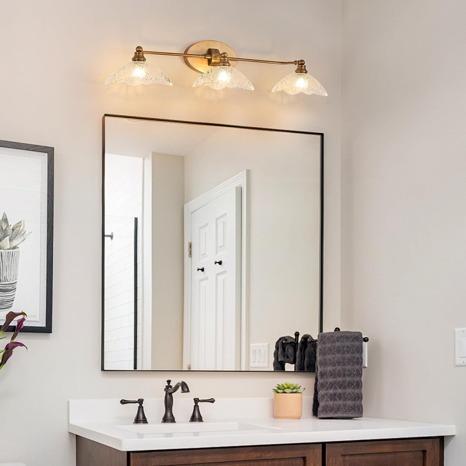 Vintage Bathroom Vanity Light Fixture, 3 Light Bathroom Vanity Light Length 33.85 inches Antique Brass with Crystal Glass Shade Antique Brass Vanity (E12 Bulb, Bulb not Included)