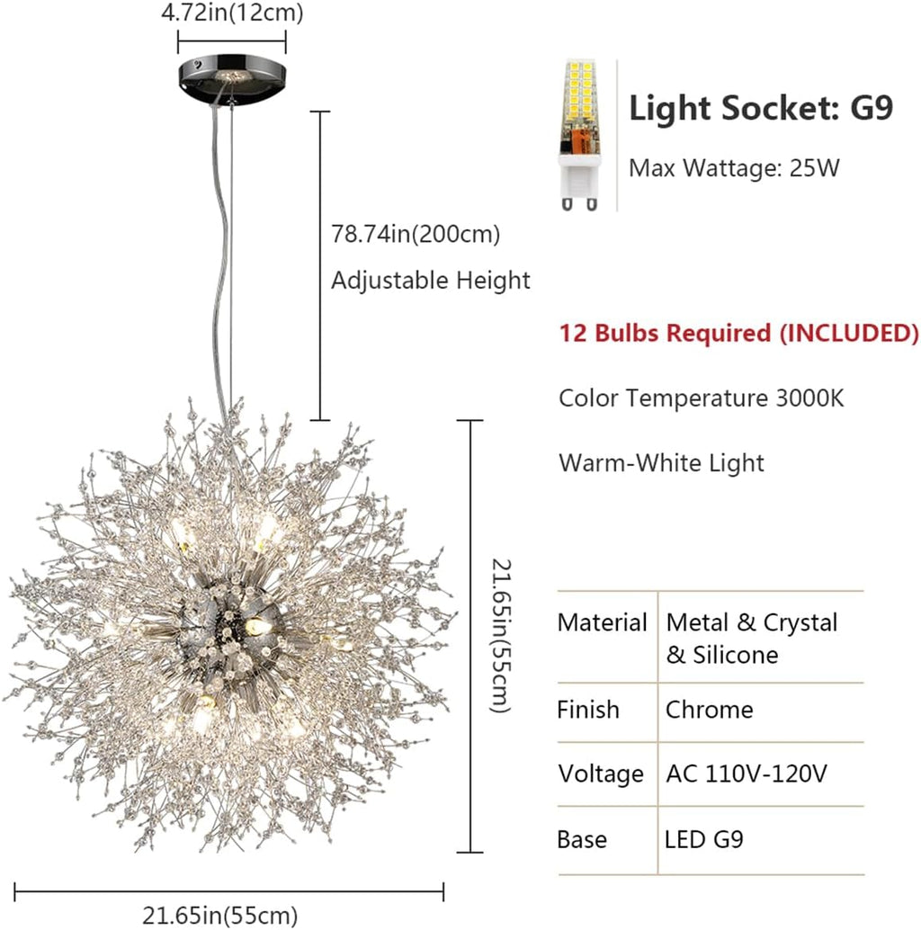 Modern Crystal Chandeliers Firework, 12-Light Chrome Stainless Steel Sputnik Chandelier, 21.6' Dandelion Pendant Ceiling Light Fixture for Bedroom Dining Room