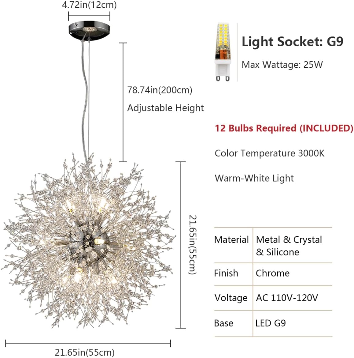 Modern Crystal Chandeliers Firework, 12-Light Chrome Stainless Steel Sputnik Chandelier, 21.6' Dandelion Pendant Ceiling Light Fixture for Bedroom Dining Room