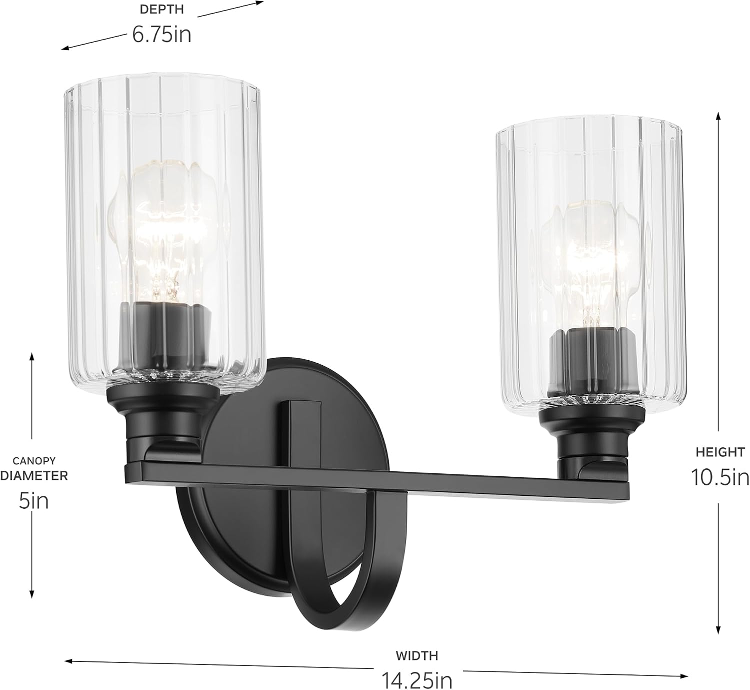 Kichler Gioe 14.25' 2-Light Bathroom Vanity Light Fixture with Clear Fluted Glass in Black, Damp Rated for Powder Room Over Mirror (14.25' W x 10.5' H), 55225BKFLU
