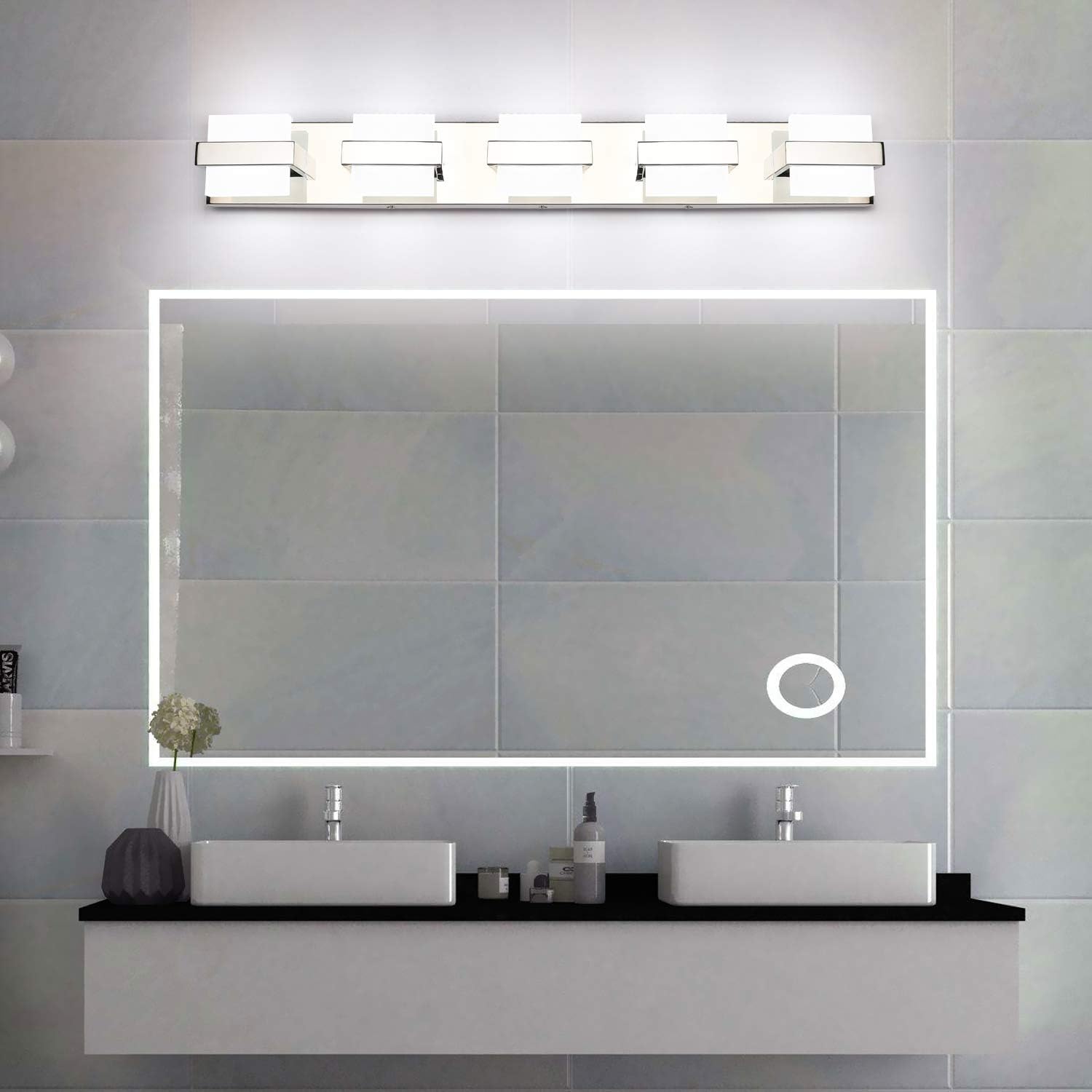 SOLFART Chrome 5 Light Bathroom Vanity Lights Over Mirror, Modern Chrome Bathroom Light Fixtures LED Lights Dimmable