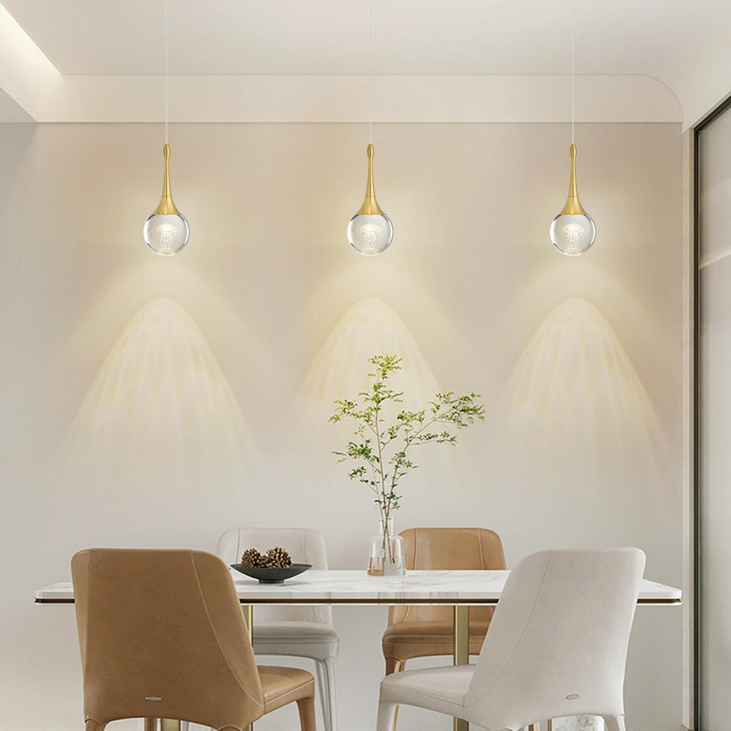 CHYING LED Kitchen Island Pendant Lights 3 Pack Gold Teardrop Pendant Light Bathroom Ceiling Hanging Light Globe Jellyfish Pendant Lighting for Living Room Dining Room Bar 3000K Warm White