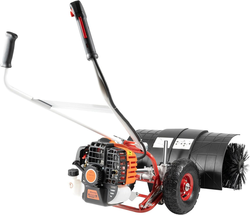 52cc Gas Power Handheld Snow Broom Brush Cleaner, 2.5 HP w/Auxiliary Wheels, Outdoor Hand Held Push Broom Driveway Sweeper for Concrete Driveway Cleaning Lawn Snow